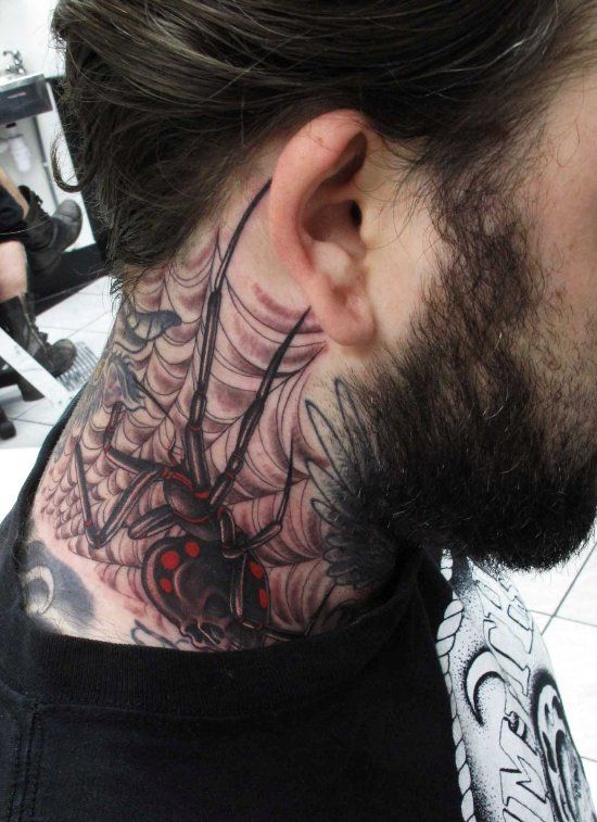 Spider Wed Tattoo On Neck