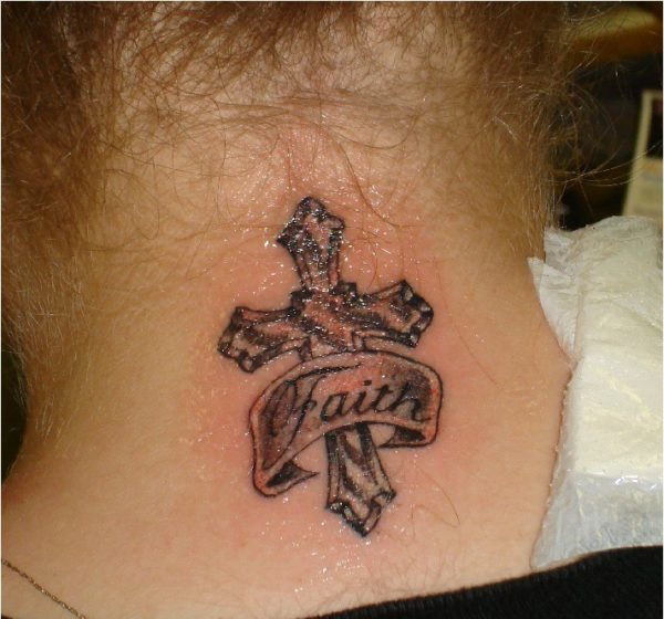 Spiritual Cross Tattoo On Neck