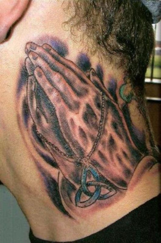 Spiritual Praying Hands Tattoo On Neck