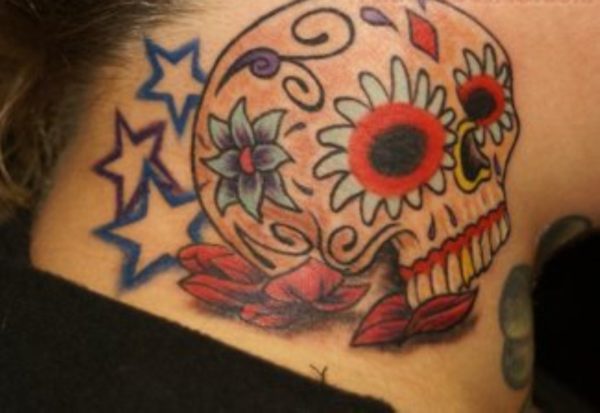 Star And Skull Tattoo On Neck