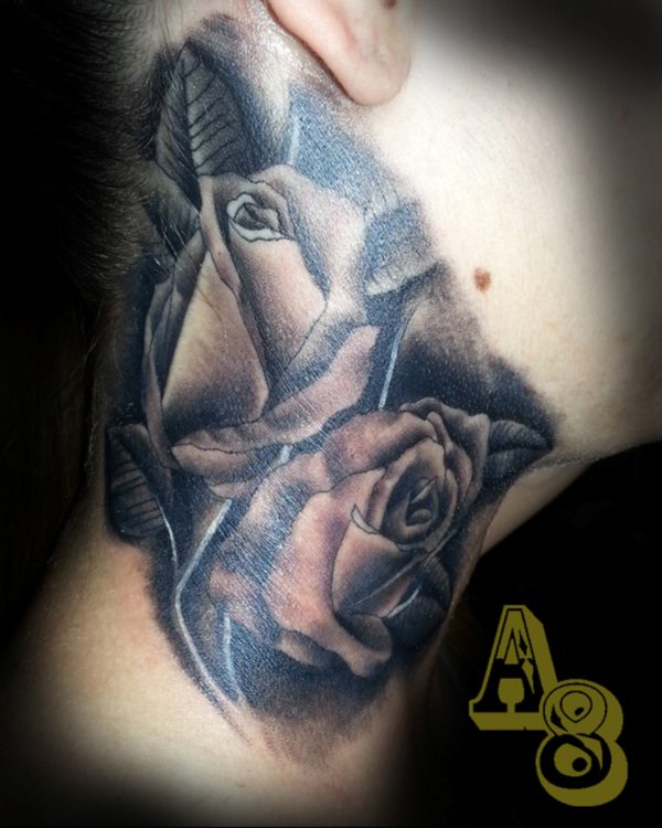 Stunning Black And Grey Rose Tattoo On Neck