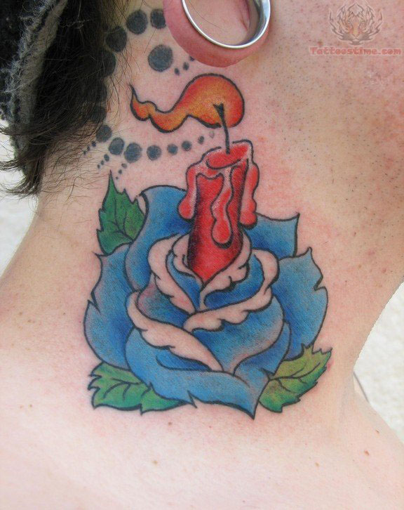 Stunning Blue Rose And Candle Tattoo