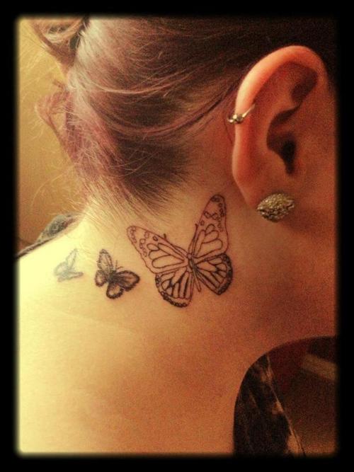 Stunning Butterfly Tattoo On Side Neck.