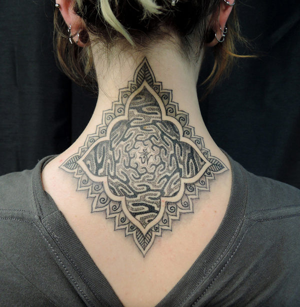 Stunning Grey Mandala Neck Tattoo Design