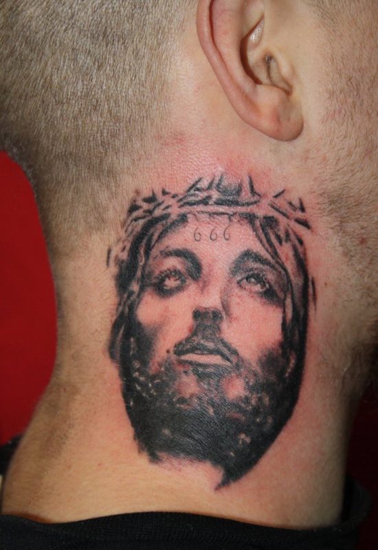 Stunning Jesus Face Tattoo On Neck