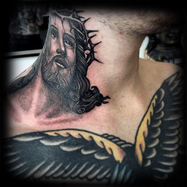 Stunning Jesus Tattoo On Neck