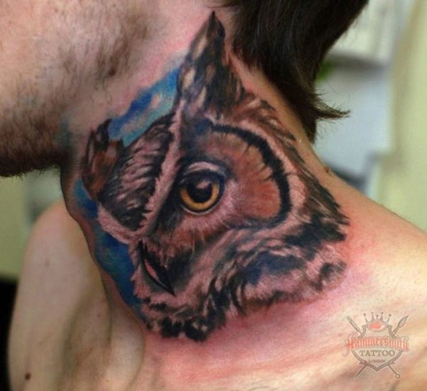 Stunning Owl Tattoo On Neck