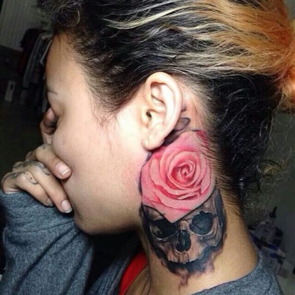 Stunning Skull And Rose Tattoo On Neck