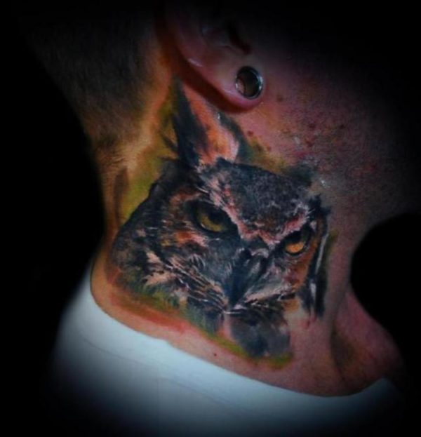Stylish Owl Tattoo On Neck