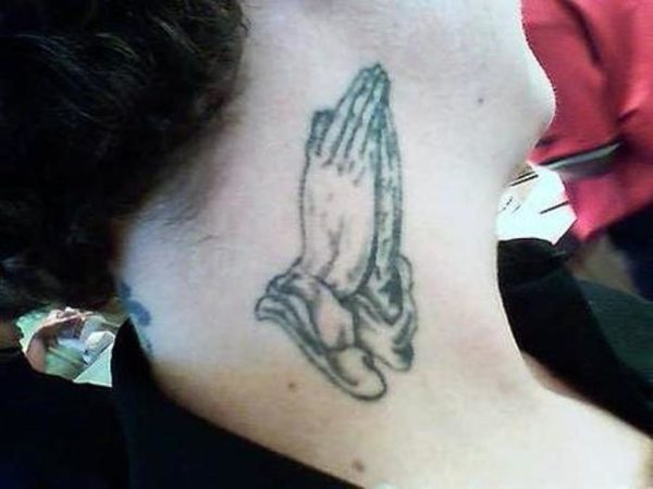 Stylish Praying Hands Tattoo On Neck