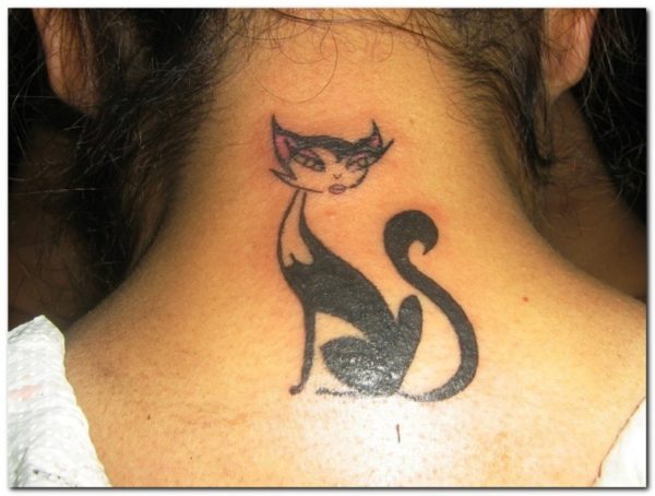 Stylish Sitting Cat Tattoo On Neck