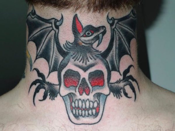 Stylish Skull And Bat Tattoo On Neck