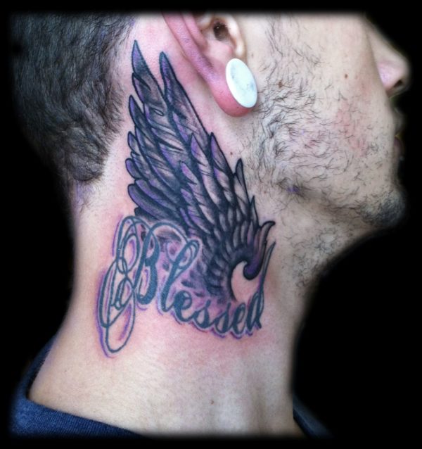 Sweet Black Angel Tattoo On Neck