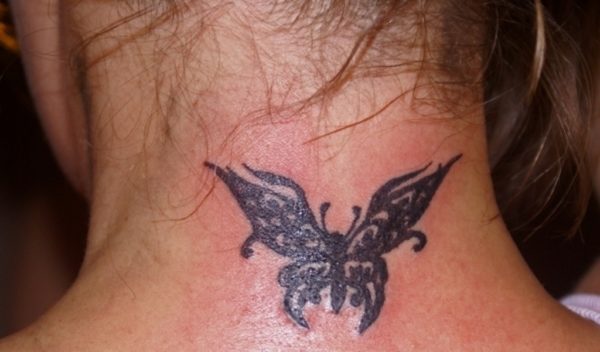 Sweet Black Butterfly Tattoo On Neck