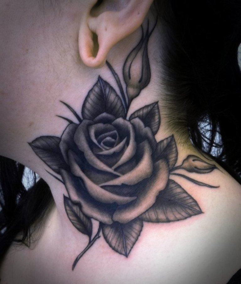 Sweet Black Rose Tattoo On Neck.