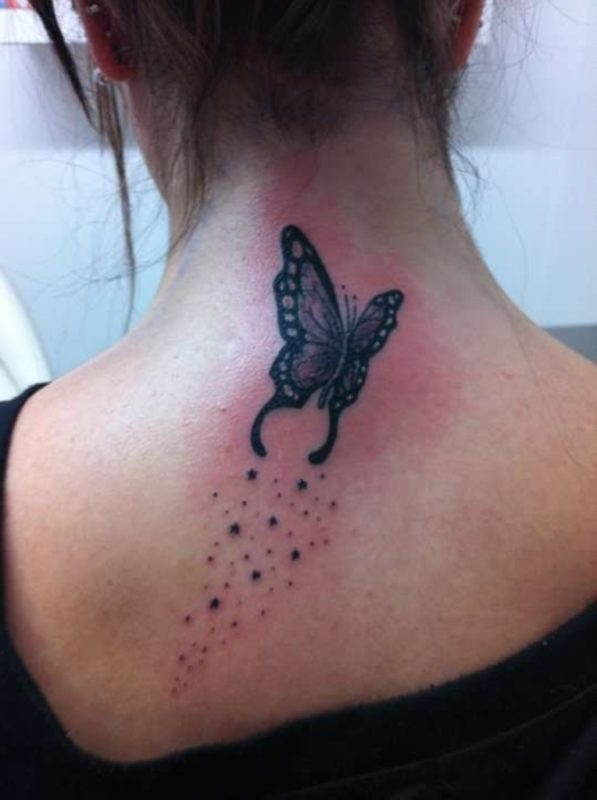 Sweet Butterfly Tattoo On Neck Back