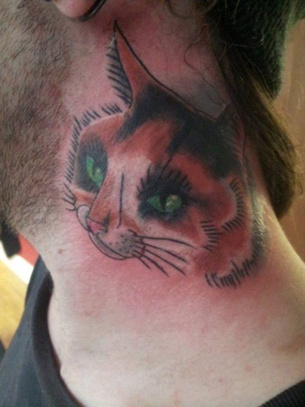 Sweet Cat Face Tattoo On Neck