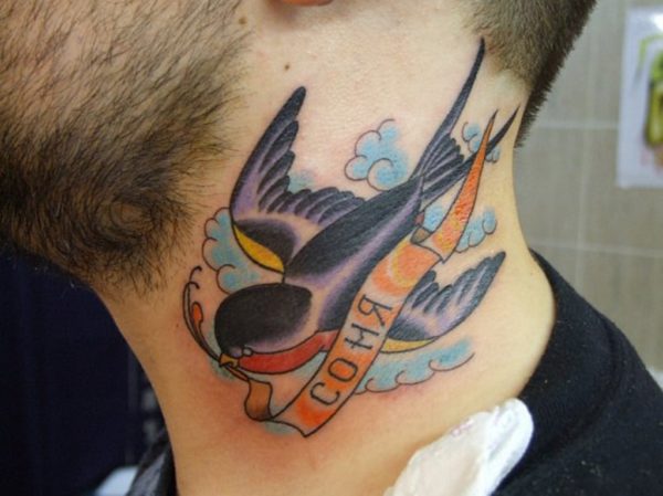 Sweet Flying Bird Tattoo On Neck