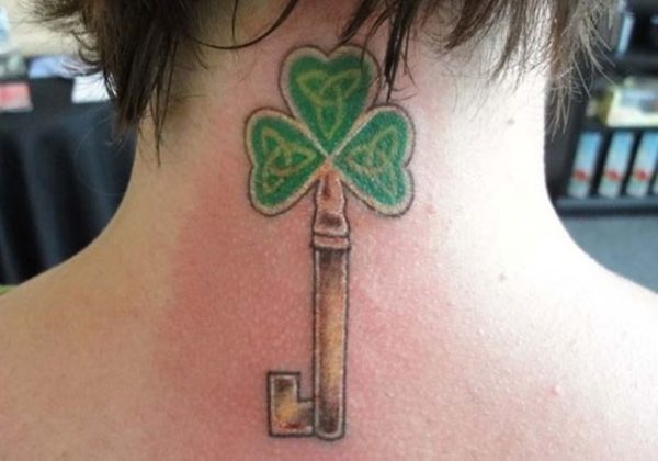 Sweet Green Key Tattoo On Neck