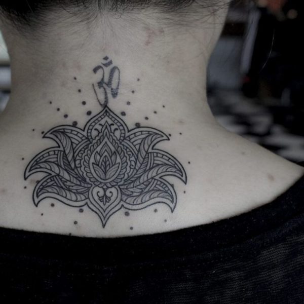Sweet Om And Lotus Neck Tattoo