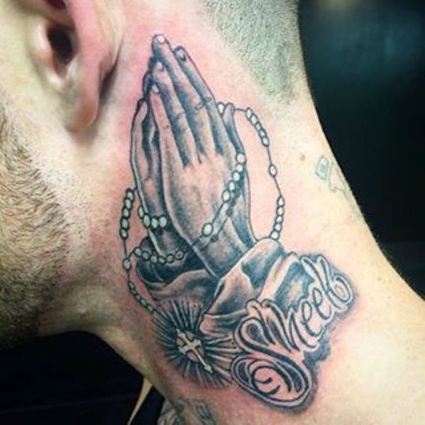 Sweet Praying Hands Tattoo On Neck