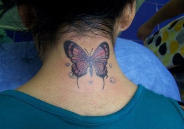 Sweet Purple  Butterfly Tattoo On Neck