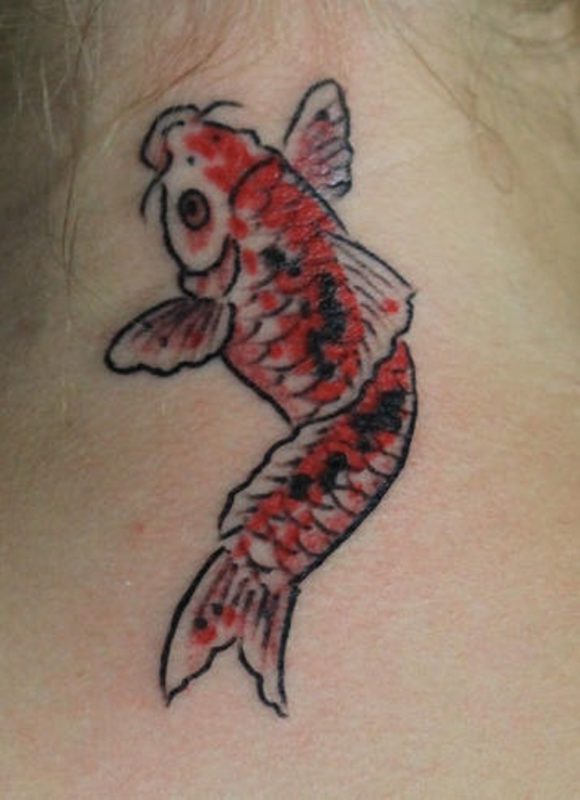 Sweet Red Koi Fish Tattoo On Neck