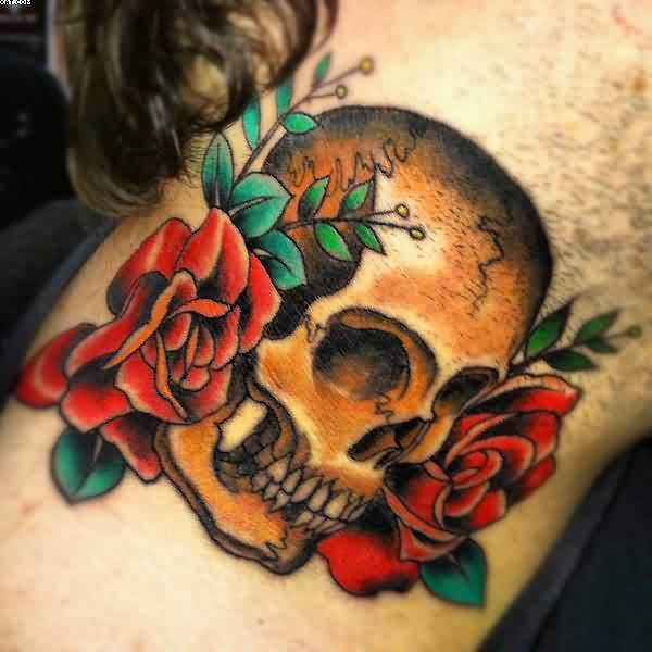 Sweet Rose And Skull Tattoo On Neck