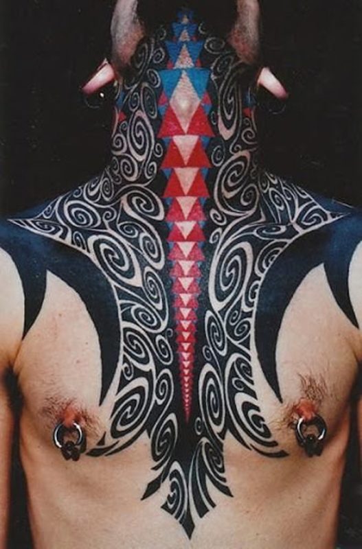 Sweet Tribal Colored Tattoo On Neck
