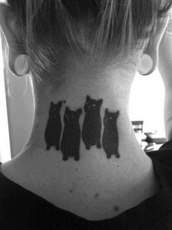 Three Black Cats Tattoo On Neck