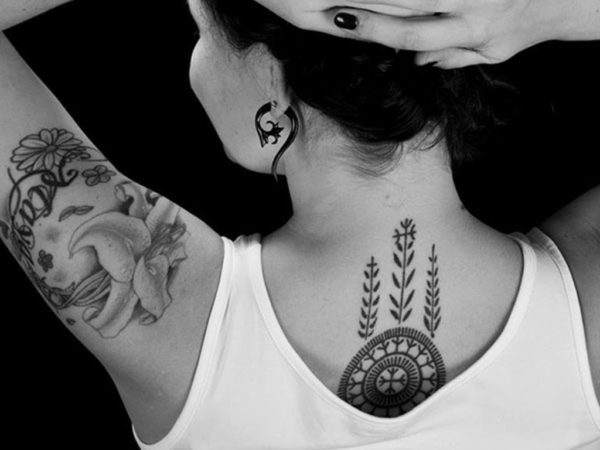 Traditional  Black And Grey Tattoo On Neck