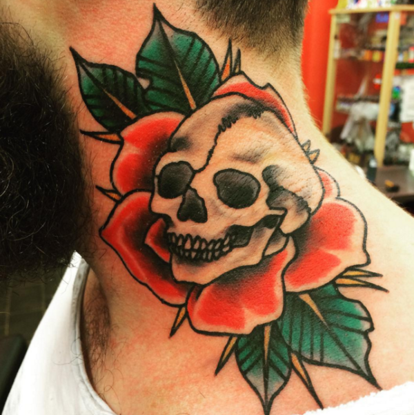 Trendy Skull Tattoo On Neck