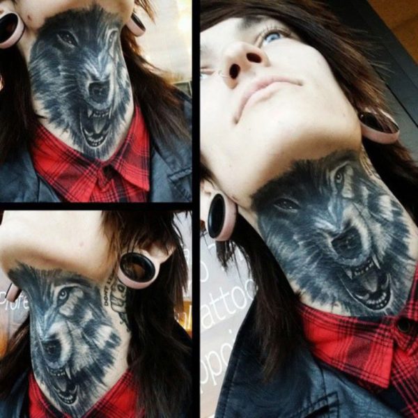 Trendy Wolf Tattoo On Neck
