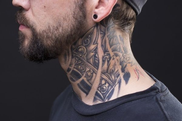 Tribal  Black And Grey Tattoo On Side Neck