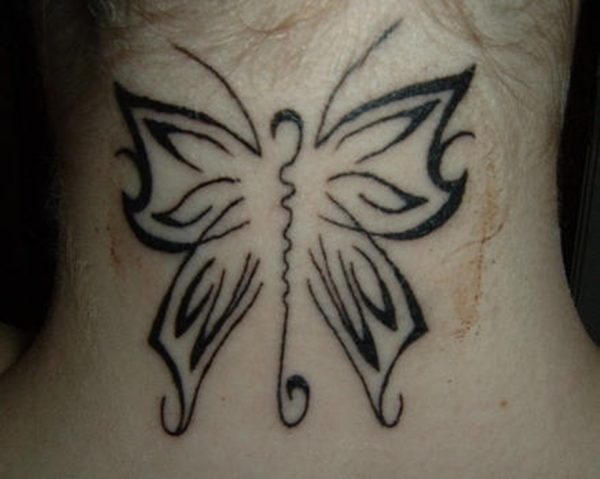 Tribal Black Butterfly Tattoo On Neck