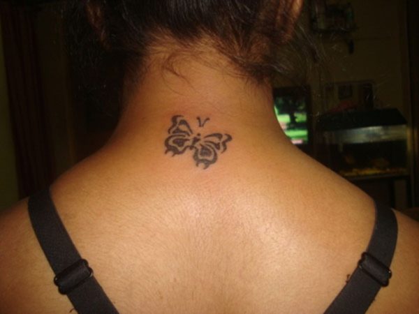 Tribal Butterfly Neck Tattoo 