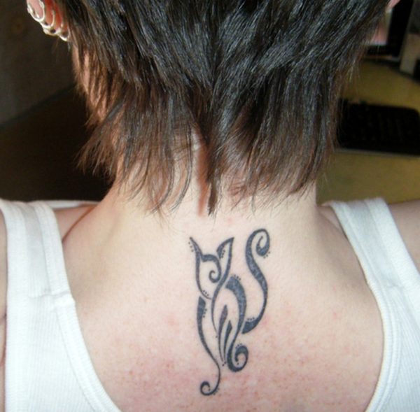 Tribal Cat Tattoo On Neck