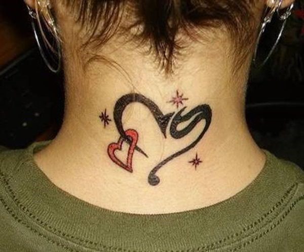 Tribal Colored Heart Tattoo On Neck