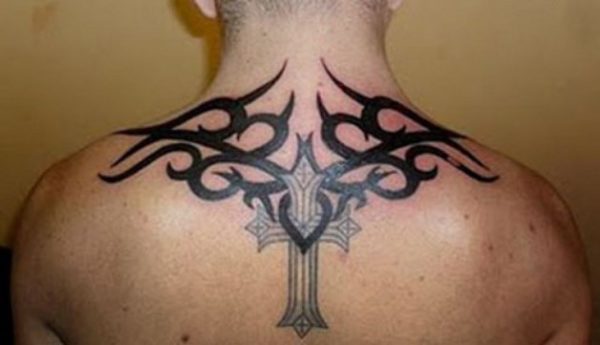 Tribal Cross Tattoo On Neck Back