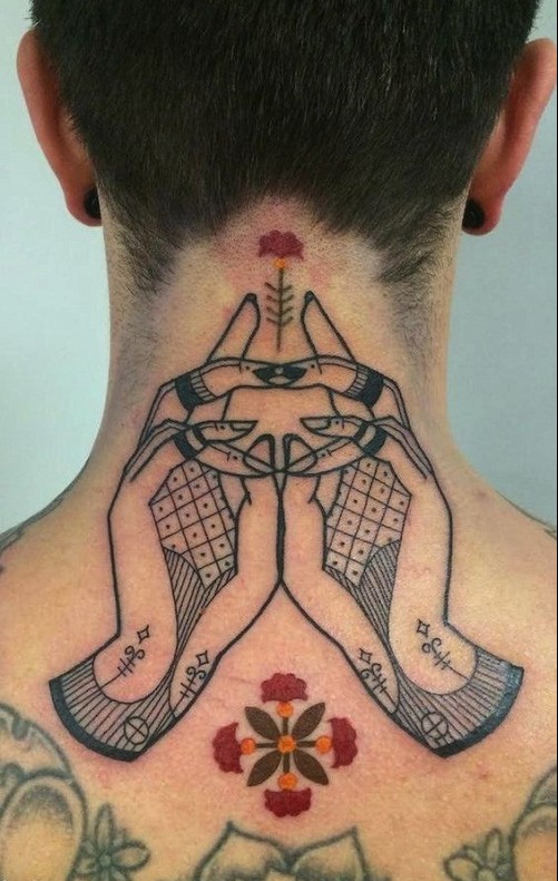 Tribal Hands Tattoo On Neck