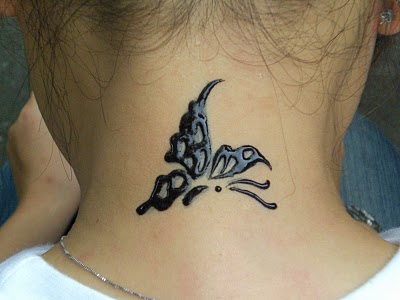 Tribal Henna Butterfly Tattoo On Neck
