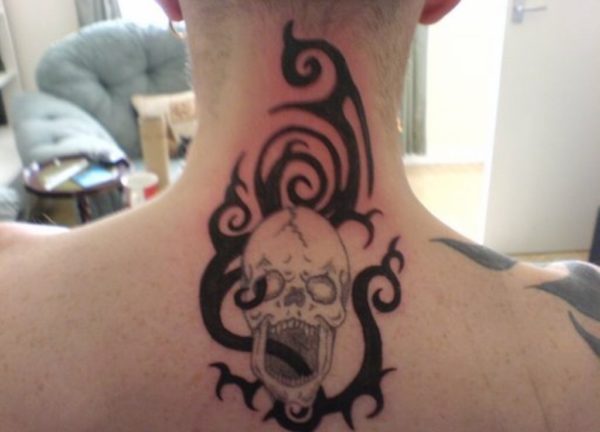 Tribal Skull Neck Tattoo