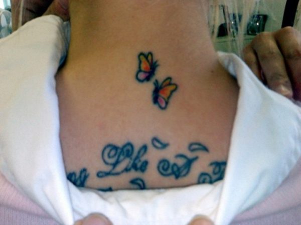 Two Butterflies Tattoo On Neck