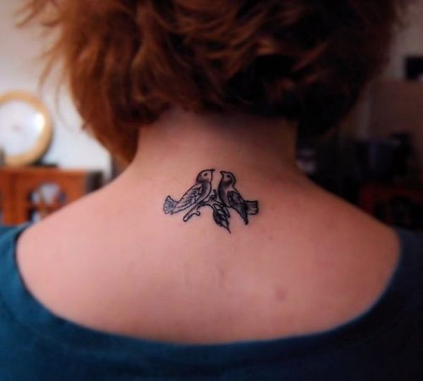 Two Cute Birds Tattoo On Neck