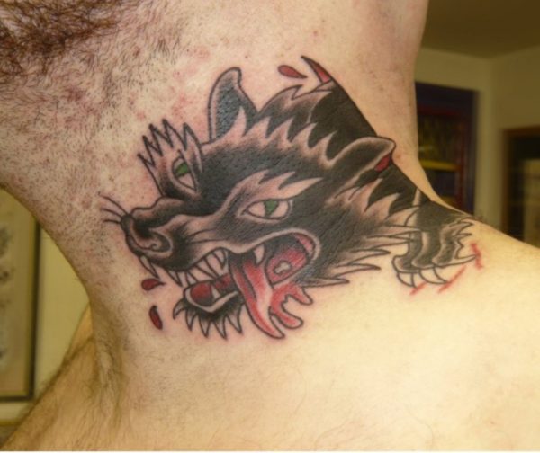 Unique Wolf Tattoo On Neck