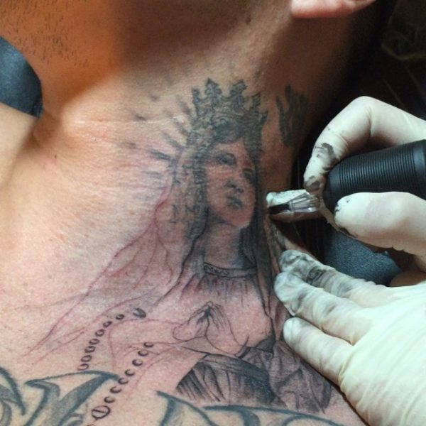 Virgin Mary Neck Tattoo