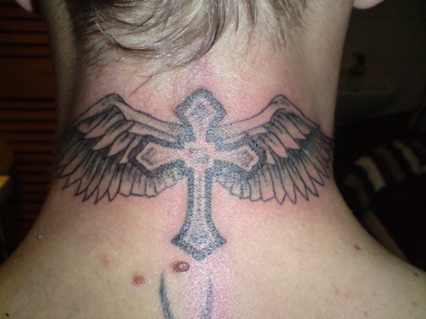 Winged Cross Neck Tattoo