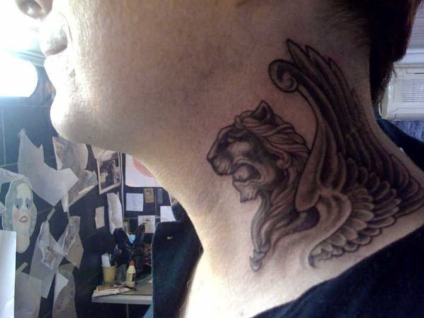 Winged Lion Tattoo On Neck
