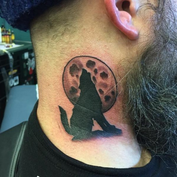 Wolf And Moon Neck Tattoo