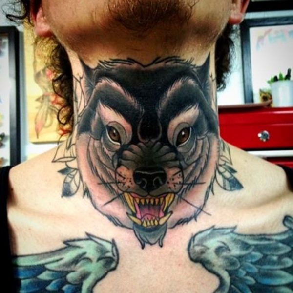 Wolf Tattoo On Front Side Neck